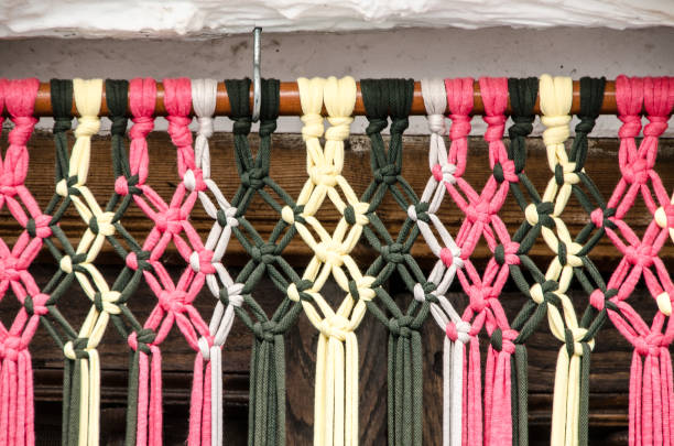 Macrame curtain in black, white and pink
